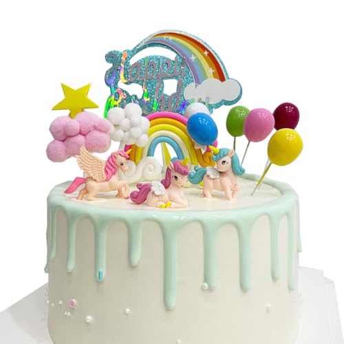 Unicorn Colorful Rainbow Cake Toppers 13PCS for Girls Blue Glitter Cartoon Birthday Cake Decorations Flags Cupcake Picks Set Cloud Balloon Stars Boy Kid Baby Shower Party Baking Decoration Supplies