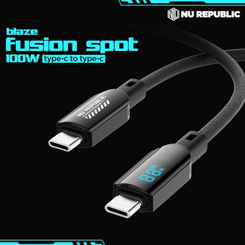 Image of Nu Republic Blaze Fusion Spot 100W with Over 70K bend life, 60K insertion tested, Powerblitz Technology, Led Display Indicator, Nylon Braided Carbon Data Charging Cable (Type-C To Type-C, Black)