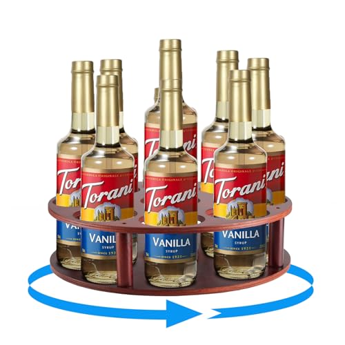 MECUHQP Organizador giratorio de jarabe de café, 9 botellas, estante de jarabe de café para encimera, soporte para botellas de jarabe de madera, soporte para estación de cafetería, bandeja giratoria