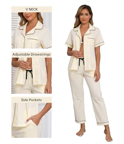 Image of CF Womens 100% Cotton Pajamas Set Button Down Pjs Sets Short Sleeve Top & Long Pants Sleepwear Comfy Loungewear with Pockets