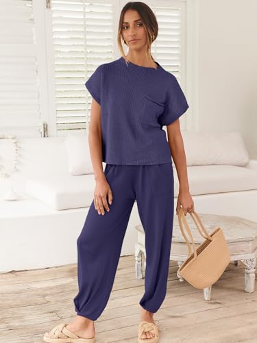Image of ANRABESS Women's Two Piece Outfits Sweater Sets Knit Pullover Tops and High Waisted Pants Tracksuit Lounge Sets