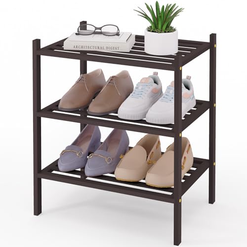 Image of Smiry Bamboo Shoe Rack, 5 Horizontal Slats, 3 Tier - 17.3 inch Wide, Brown