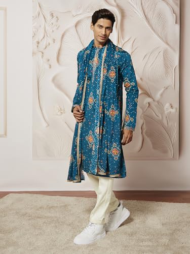 Image of VASTRAMAY Men Men's Turquoise Chinon Kurta Pyjama And Dupatta Set For Men.