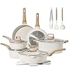CAROTE 16 Piece Pots and Pans Set Nonstick White Granite Cookware Sets Induction Cookware Non Stick Cooking Set wFrying Pans Saucepans PFOS PFOA Free