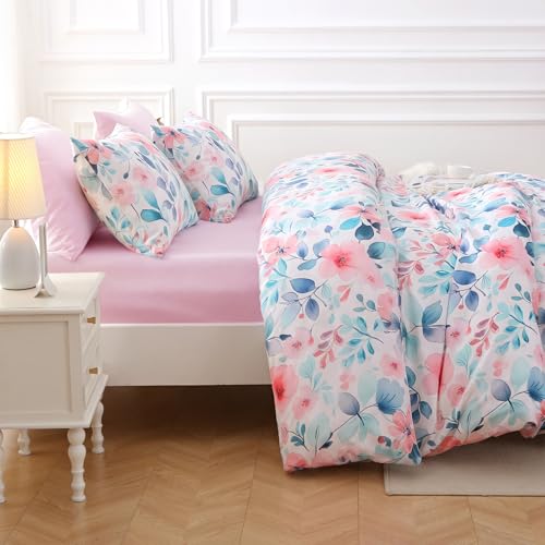 Image of MUXHOMO Pink Blue Branch Full Comforter Set, Elegant Floral Print Bed in a Bag 7 Pieces, Ultra Soft & Breathable Reversible Botanical Pattern Bedding Set with Comforter, Sheets, Pillowcases, and Shams