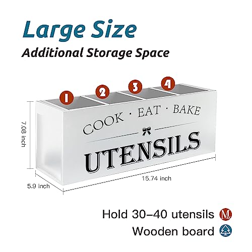 Image of Suli Extra Large Kitchen Utensils Holder with 4 Compartments, Wooden Utensil Organizer for Countertop, Farmhouse Kitchen Decor, Rustic Cooking Utensil - White
