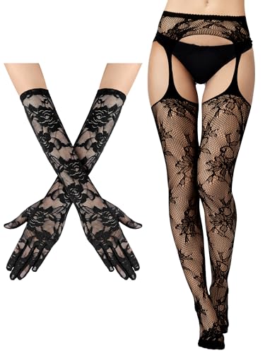 Image of Geyoga 2 Pcs Lace Fishnet Stockings Tights Floral Gloves Black Suspender Pantyhose Long Gloves for Women Halloween Cosplay