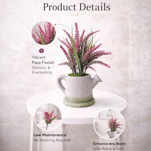 Image of Garden Art Artificial Heather Flower Spray in Shaded Watering Can Planter - Rustic Faux Floral Tabletop Centerpiece for Home, Office, Shelf & Desk Decor (P-0130Pink)