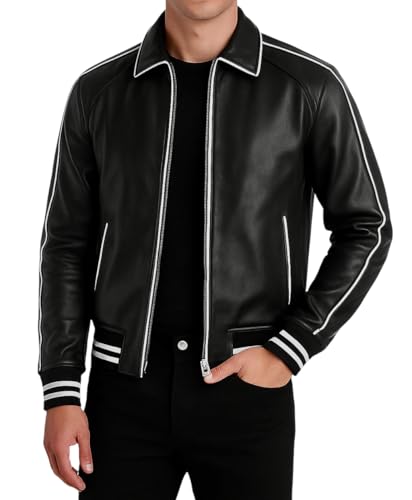 Men's Bomber Classic Black Genuine Leather Sports Jacket with White Stripe Turn Down Collar Casual Biker Streetwear2