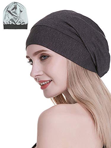 Satin Lined Sleep Cap Bamboo Slouchy Bonnet Headwear Curly Hair Beanie Dark Grey
