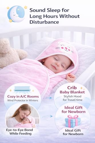 Image of BRANDONN Ultra Soft Polar Fleece Baby Hooded Blanket with Premium Embroidery, 200 GSM All-Weather Newborn Wrapper, Bath Towel White Piping Stitch, 24 x 30 Inches, 0-6 Months, Pink, Sky, Mango