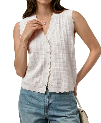AceNest Cozy Sweaters Basic Vest Top Ruffle Knit Tank Tops Fall Sweaters White M