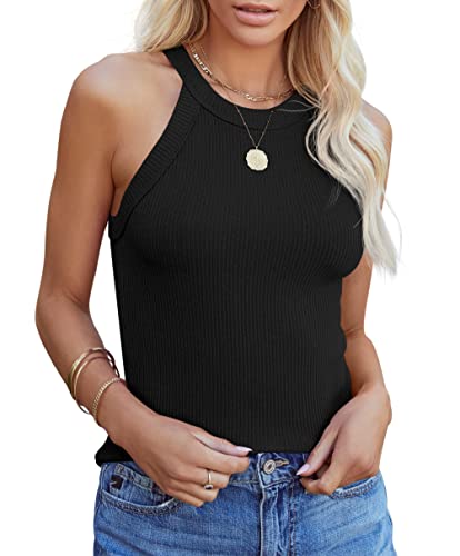 Homlan Débardeur sans Manches pour Femme Dos Nageur Col Rond Basic Slim Fit Chemises élégantes Hauts côtelés Tricot Cami Top Sexy, Noir, S