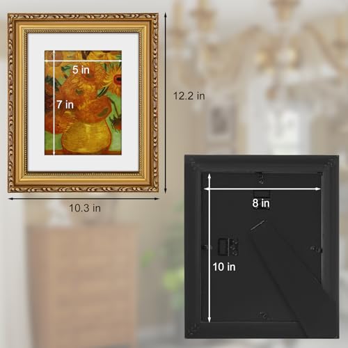 Image of 8x10 Vintage Picture Frame with Mat Antique Gold Picture Frames | Wood, Real Glass, Matted 5x7 or 8 x 10 Photos, Easy Photo Changes, Tabletop or Wall Hanging
