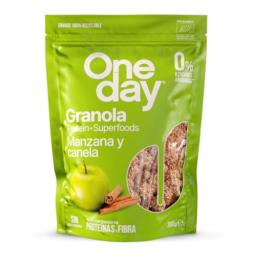 ONE DAY Granola Ecologica, Sin Azucares Añadidos, Alto en Proteína con Superfoods, Alto en Fibra, 300g (Manzana y Canela, 1 unidad)