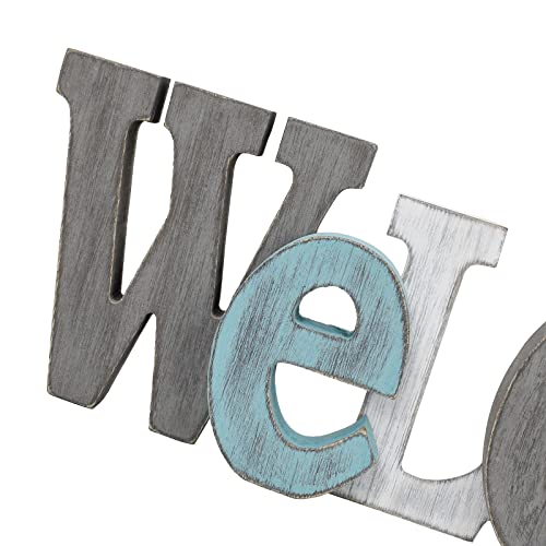 Morning View Wooden Welcome Sign Decorative Hanging Word Signs Table Top Cutout Block Letters Standing Welcome Letter Sign Wall Decor for Living Room Home Decor Shelf Mantel (Aqua) - Thumbnail 4