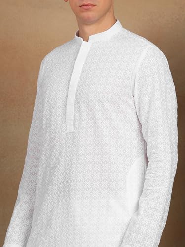 Image of See Designs Men's Full Sleeve Mandarin Collar Chikankari Embroidered Straight Kurta with Salwar