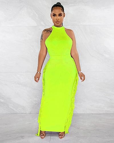 Image of YUEWOO 2 Piece Outfits for Women Sexy Crop Top Ruched Bodycon Maxi Dresses Fringe Skirt Sets Night Club Jumpsuits