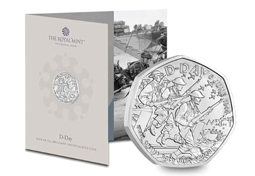CrawleyCoins 2024 80 años del Día D del Reino Unido 50p moneda brillante sin circular en paquete sellado de menta