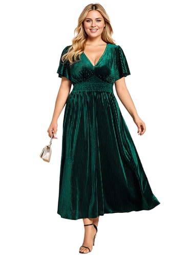 Ever-Pretty Plus Women's Winter V Neck Velvet Short Sleeves A Line Plus Size Cocktail Wedding Guest Dresses 01939-DAPH