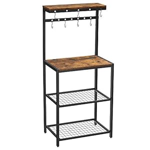 VASAGLE Keukenplank, staande plank met planken, magnetronplank met 7 haken en metalen frame, industrieel ontwerp, voor magnetron, kookgerei, 60 x 40 x 138 cm, vintage bruin-zwart KKS018B01