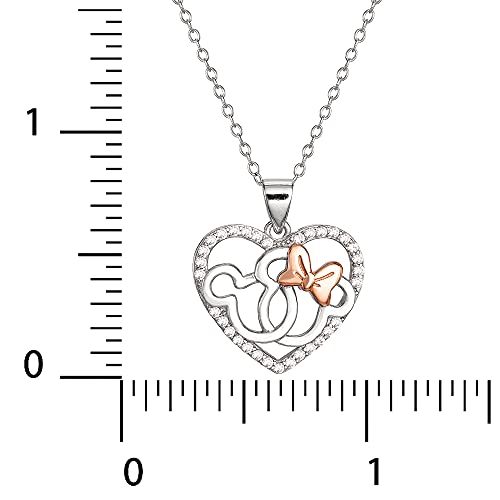 Disney Mickey And Minnie Mouse Cubic Zirconia Heart Pendant Necklace, Two Tone, Sterling Silver, 18" #TOP3