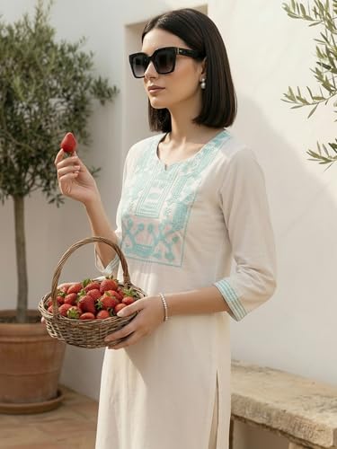 Image of INDO ERA Women's White Viscose Rayon Straight Embroidered Kurta