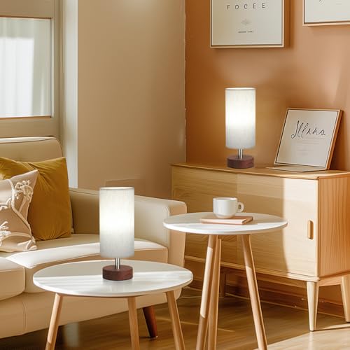 Image of Table Lamps Set of 2 (Cream Shade - Walnut Base, 11.6 inch Inline Control) | Bulb not Included | Small Lamps for Bedroom | Desk Lamp for Reading | for Living Room | for Dorm | Linen Shade