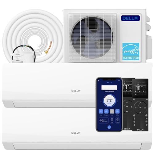 DELLA 18K BTU 2 Zone 7000 7000 BTU Mini Split AC & Heat Pump, Energy Star 22 SEER2 Inverter 230V Ductless AC System for Rooms up to 600 Sq.Ft, WiFi & Voice Control, Pre-Charged,16.4ft Install Kit
