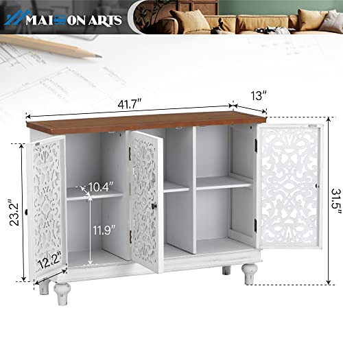 Maison Arts Sideboard Buffet Storage Cabinet, 3-Doors Hollow-Carved Accent Cabinet Rustic Distressed Cabinet Farmhouse Decorative Cabinet Cupboard For Kitchen, Dining Room, Living Room,Entryway, White #TOP1