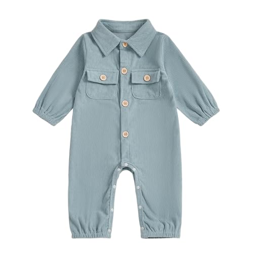 Image of Karuedoo Newborn Baby Boy Girl Clothes Corduroy Long Sleeve Button Up Romper Jumpsuit Collared Bodysuit Fall Winter Outfit