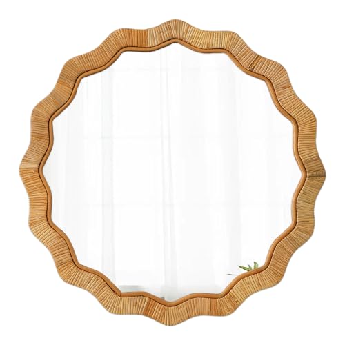 XQXJJZSP Handmade Boho Scalloped Rattan Round Mirror 24 Inches