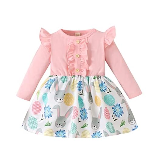 Myhrey Toddler Baby Girl Easter Outfits Ruffle Long Sleeve Bunny Print One-Piece Dress Rabbit Skirt (2-3 Years, Pink)