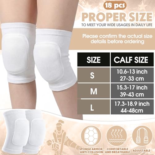 Image of Simgoing 18 Pairs Volleyball Knee Pads for Dancers, Cheerleaders, Breathable Knee Pads for Men Women Kids Knees Protective, Knees Brace for Volleyball Dance Tennis Workout Climbing (M,White)