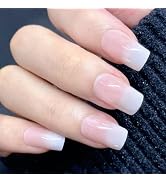 24Pcs Press on Nails Short Medium Square White And Pink French Tip Fake Nails Medium Square Glue ...