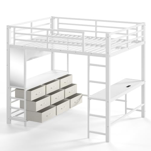 Image of Bellemave Metal Full Loft Bed Frame with Desk, Storage Drawers,USB,Mirror for Adults, Kids,Teens,White