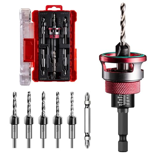 Senkbohrer Holz Set 5 Stück, Bohrsenker mit Tiefenanschlag, Senker Holzbohrer mit 1/4' Hex Schaft, aus HSS-M2, präzise Bohrungen, Enthält Kreuzschlitz-Schraubendreherbit, für Holzverarbeitung