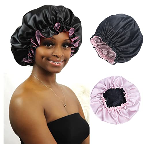 Adjustable Satin Bonnet Bonnet for Curly Hair Bonnets for Sleeping Woman Kids Satin Bonnet for Braids Long Curly Hair Satin Hair Bonnet for Sleeping(Black/Pink,2 Pieces)