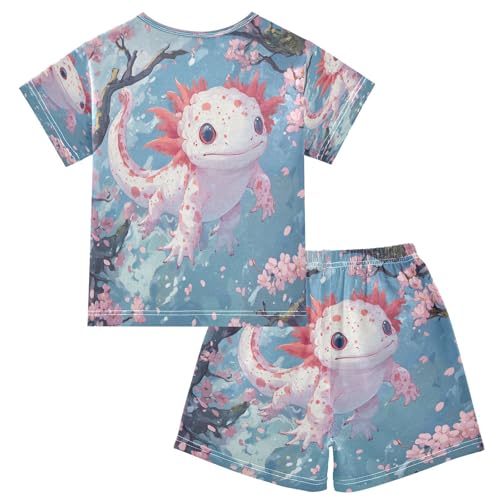 Pajama Sets Short Sleeve Kawaii Axolotl Cherry Blossoms Soft Cotton Summer Sleepwear 2 Piece PJS Size 5-14T2