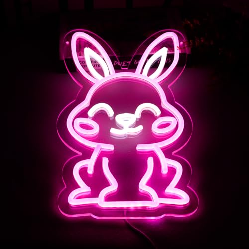 Image of Easter Rabbit Neon Sign for Wall Decor,Dimmable Led Pink Rabbit Neon Signs, USB Powered Rabbit Neon Lights for Children's Room Decoration, Easter Gifts, Birthday Parties Gift