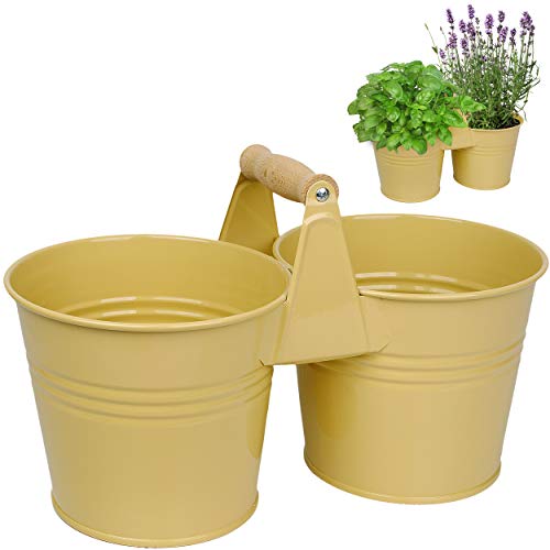 alles-meine.de GmbH 4 Stück doppelte 2er - Metall - Blumentöpfe/Pflanzkübel/Pflanzschale - mit Holzgriff/Henkel - beige/hell braun/Creme - 34 cm - RUND - frostsicher ..