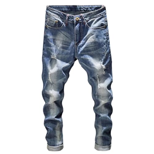 Men Slim Fit Light Blue Stretch Streetwear Frayed Hip Hop Distressed Casual Denim Trousers