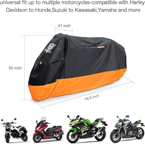 Image of XYZCTEM Motorcycle Cover - All Season Waterproof Outdoor Protection - Precision Fit up to 96.5 Inch Tour Bikes, Choppers and Cruisers - Protect Against Dust, Debris, Rain and Weather(XL,Black& Orange)