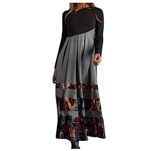 Oversize Kleid Damen Winter Tunika Damen Langarm Sweatshirt Kleid Damen&I3 Vintage Patchwork V-Ausschnitt Maxi Kleid Langarm Casual Kleid Elegant...