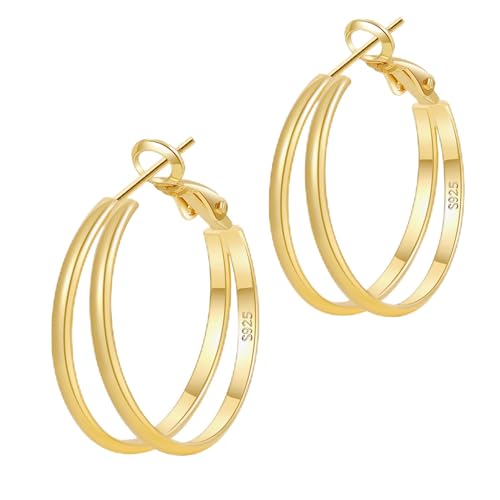 MOYUXI 2mm Double Hoop Earrings for Women Lightweight Medium Big Gold Hoops Trendy Hypoallergenic Large S925 Sterling Silver Post Earring Non Tarnish Durable Double Gold Hoop Earrings