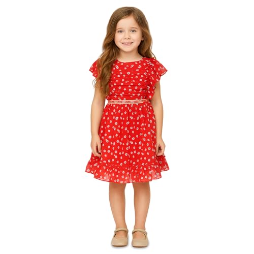 Image of Cutecumber Girls Georgette Floral Printed Fit & Flared Red Frock Dress For Baby Girls & Kidsware, Stylish Gift Dress for Special Occassion, Birthday & Party Outfit Age 1-15 Years