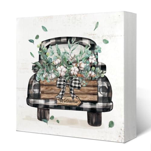 Yetmadi Spring Sign Wood Box Desk Decor,Eucalyptus Leaves Cotton Trucks