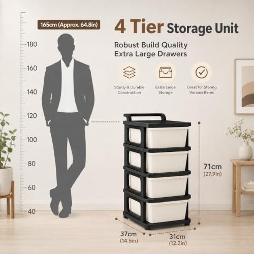 Image of Heavy Duty Plastic Storage Drawer with Wheels | Modular Cabinet for Bedroom, Office, Home or Classroom| Chest of Drawers Organiser for Cosmetics, Kitchen items, Toys (White & black, 4)