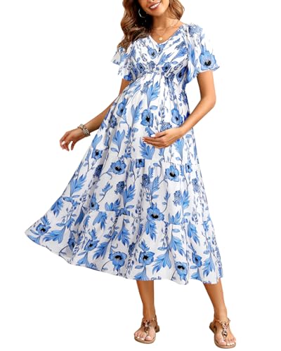 Image of Pinup Fashion Maternity Summer Dress Baby Shower Easter Pregnancy A-Line | Smocked V-neck, flutter sleeves, breathable floral fabric, bump friendly, perfect for photoshoot, spring casual,postpartum