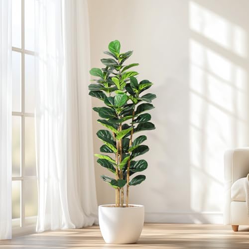 Artificial Fiddle Leaf Fig Tree with White Planter, 6ft Tall Fake Plant with Natural Wood Trunk, Faux Ficus Tree Potted Moss for Home Office Living Room Decor